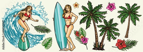 Vintage colorful surfing composition