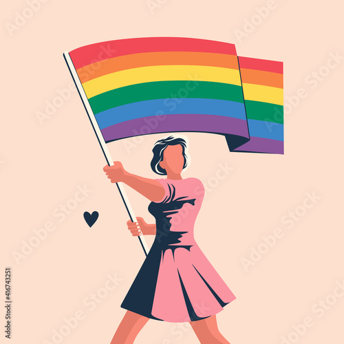Ταπετσαρία τοιχογραφία Female character holding a rainbow flag, Pride, LGBTQ, human rights