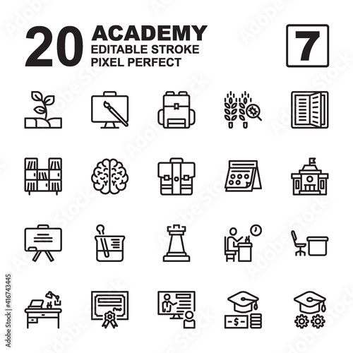 Icon Set of Academy. Outline style icon vector. Editable Stroke and Pixel perfect