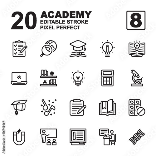 Icon Set of Academy. Outline style icon vector. Editable Stroke and Pixel perfect
