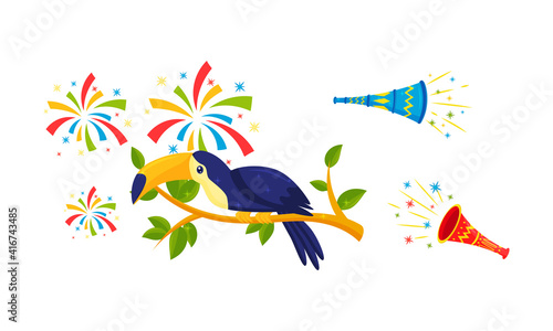 Festive Brazil Attributes with Fanfare and Toucan Bird Sitting on Tree Branch Vector Set