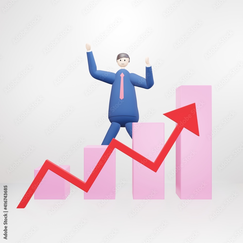 Cartoon Businessman with financial growth isolated on white Background, Dashboard with the analysis of finance - 3D render Cartoon Businessman with financial growth isolated on white Background, Dashboard with the analysis of finance - 3D render
