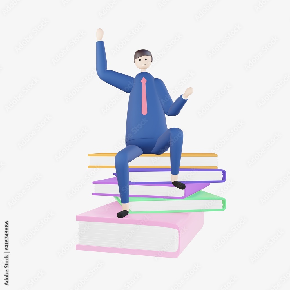 Cartoon Businessman with Business Training isolated on white Background, Study for knowledge about work - 3D render