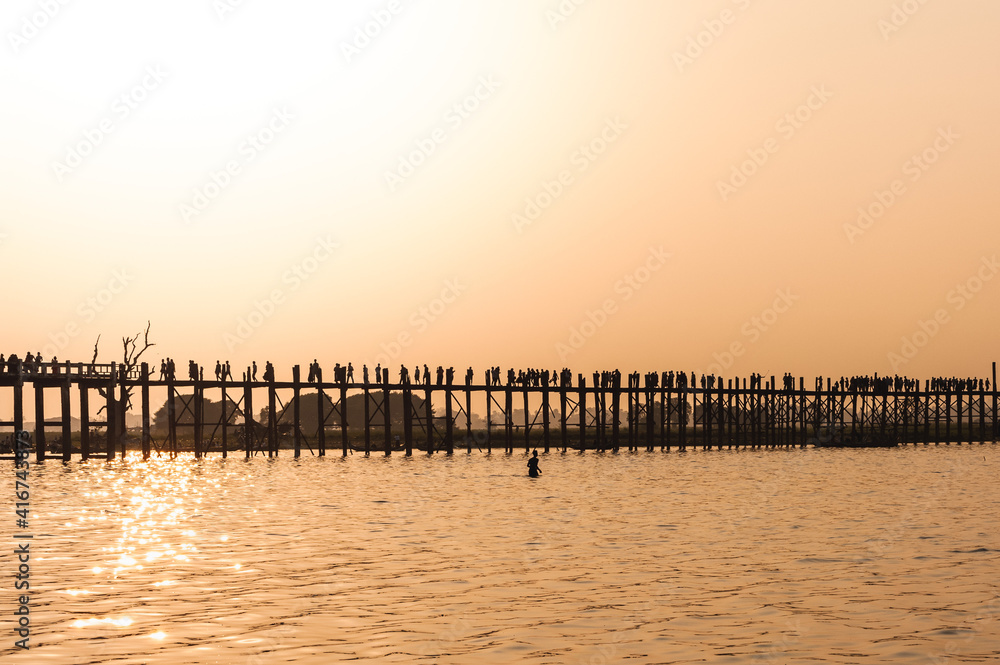 Sunset with silhouette of u bein bridge in myanmar