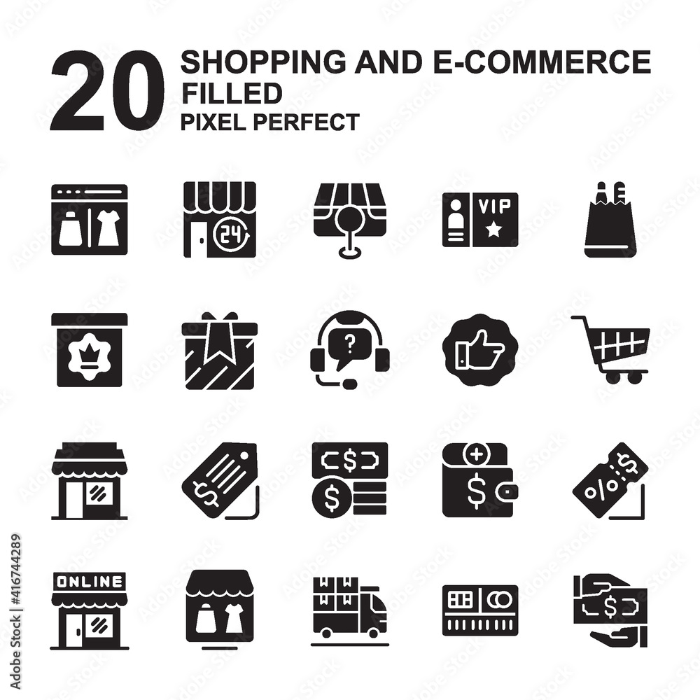Icon Set of Shopping and E-Commerce. Glyph, Flat style icon vector. Editable Stroke and Pixel perfect.