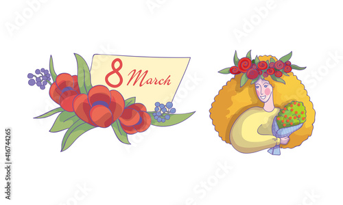 International Women s Day Holiday Attribute with Greeting Card and Female Holding Bunch of Flowers Vector Set