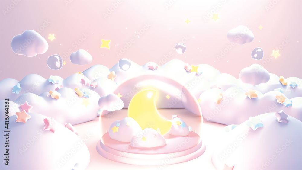 Cartoon moon crystal ball music box and pastel stars clouds. 3d rendering picture.
