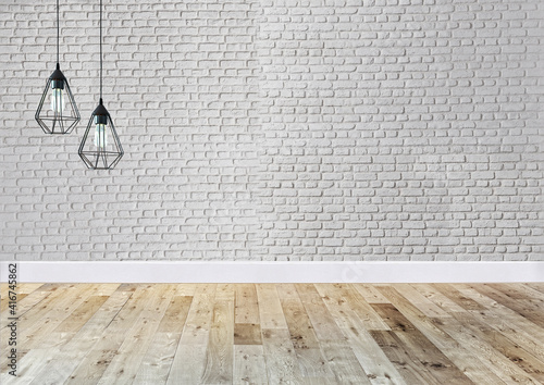 white wall empty room and interior design, hanging lamp. 3D illustration