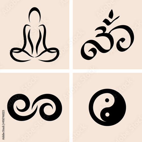 Yoga symbols. Oriental design element. Hand drawn set icon. Doodle vector stock illustration. EPS 10