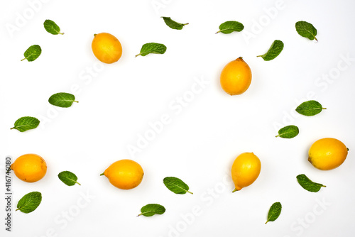 Fototapeta Naklejka Na Ścianę i Meble -  Fresh mint and lemons on white background with copy space. Healthy background with mint leaf and lemon fruits