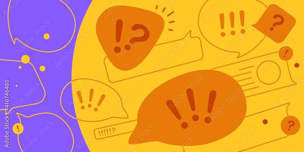 Fototapeta premium News update, flat vector design with modern elements isolated on bright violet and yellow background. Urgent news in popular media. Stressful messages and communication. Information overload