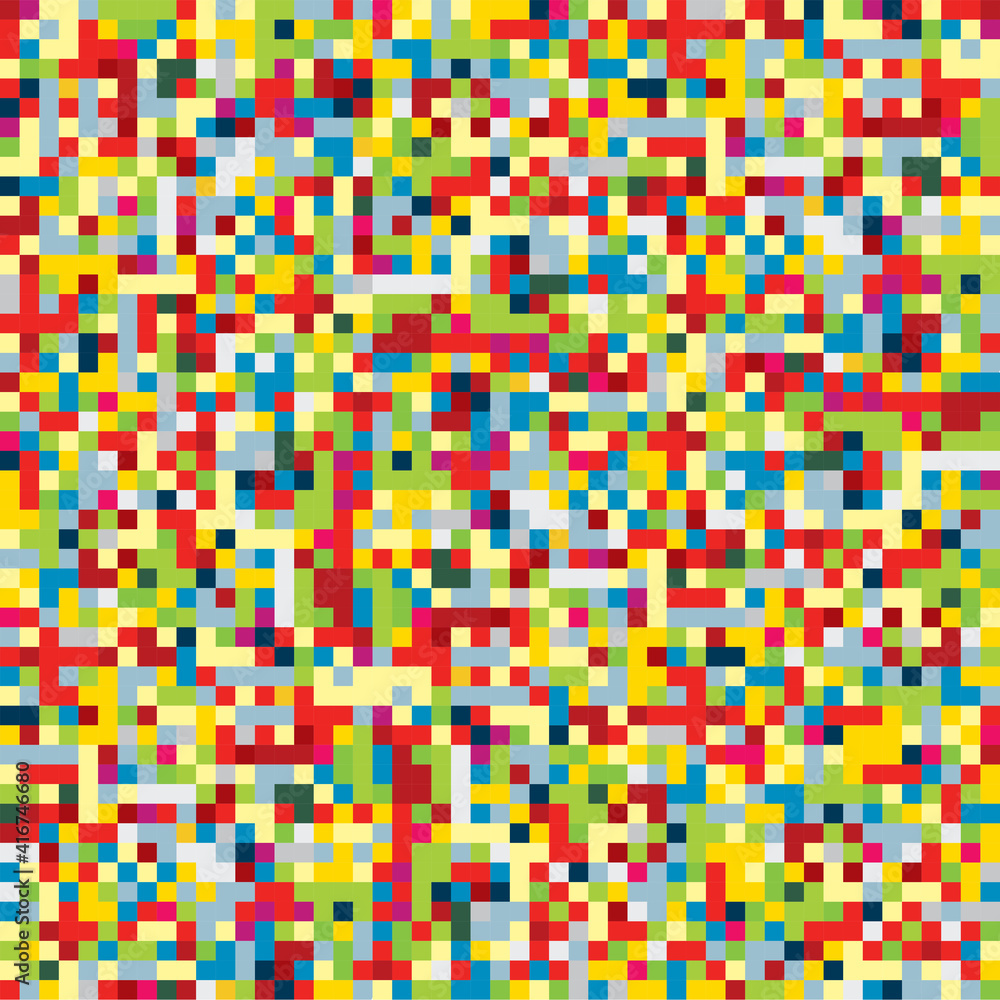 Bright pixel background. Vector abstract illustration with colourful squares. Seamless pattern with red, yellow, green and blue tiles