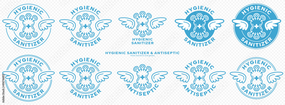 Conceptual marks for product packaging. Marking - hygienic sanitizer or antiseptic. A brand with wings and a bacteria or microbe icon - a symbol of the medical destruction of bacteria. Vector Conceptual marks for product packaging. Marking - hygienic sanitizer or antiseptic. A brand with wings and a bacteria or microbe icon - a symbol of the medical destruction of bacteria. Vector