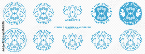 Conceptual marks for product packaging. Marking - hygienic sanitizer or antiseptic. A brand with wings and a bacteria or microbe icon - a symbol of the medical destruction of bacteria. Vector