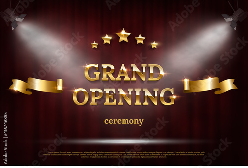 Grand opening on stage in spotlight with red curtain background. Ceremony starting, celebration event, announcement vector illustration. Theatre scene with golden text, stars, ribbon