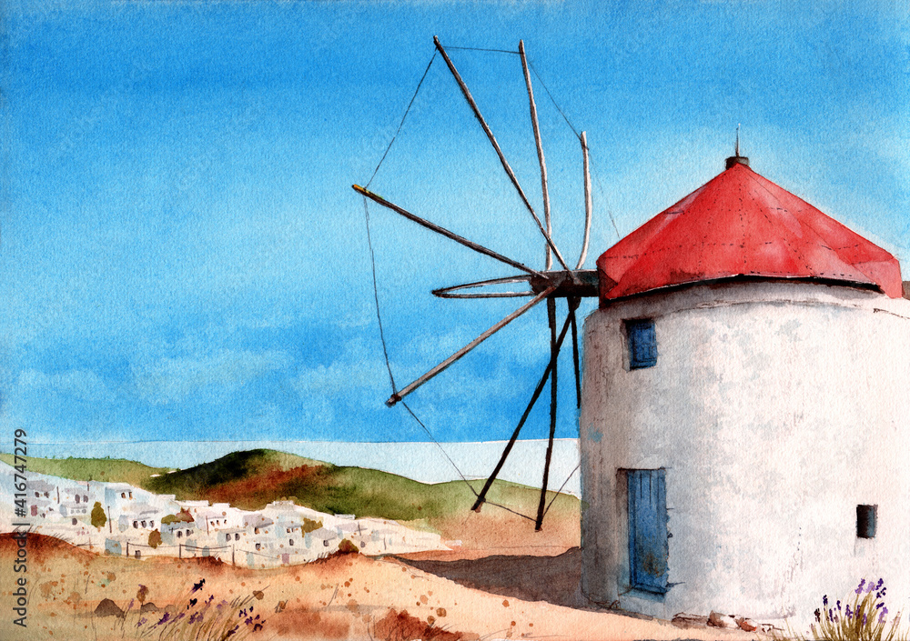 Watercolor illustration of a landscape with a white windmill, a distant city and a blue sea in the background
