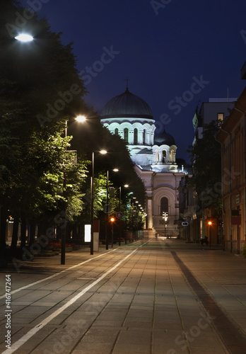 Liberty boulevard and St. Michael Archangel church in Kaunas. Lithuania