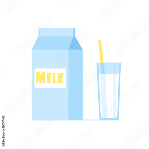 Milk packaging, glass of milk with drinking tube, isolated on white background. Breakfast. Design element of store counter, cafe or restaurant menu. Protein food. Healthy eating. Vector illustration