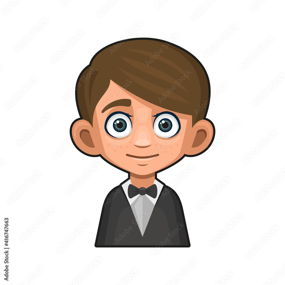 Cute Young Man Avatar. Boy in Tuxedo and Bow Tie. Vector