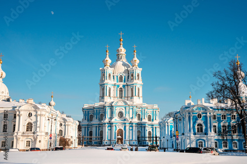 Panoramic postcard view of the Smolny Cathedral in winter, Saint-Petersburg