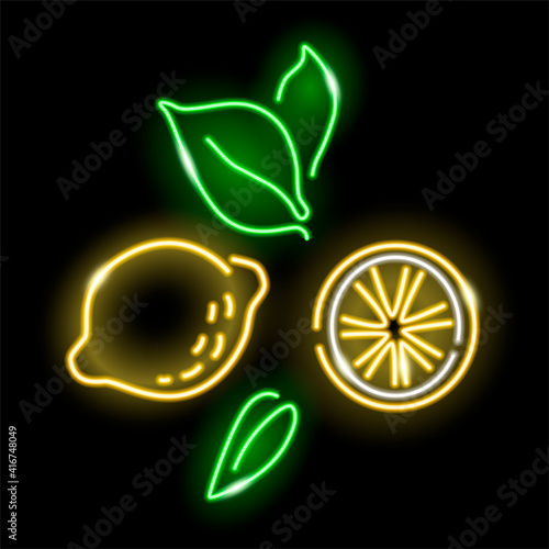 Neon lemon and slice with leaves isolated on black background. Summer, lemonade, vitamin, fruits concept. Night signboard style. Vector 10 EPS illustration.