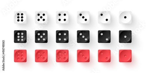 Red, black, white dice cubes for gambling set. Casino craps and playing games vector illustration. Poker cubes of different color, numbers with dots isolated on white background