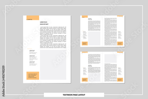 a4 text book page layout template. editable spreadsheet with facing pages, body text, headlines and footnotes for definitions. simple minimal vector magazine, booklet, catalog, flyer, brochure mock up