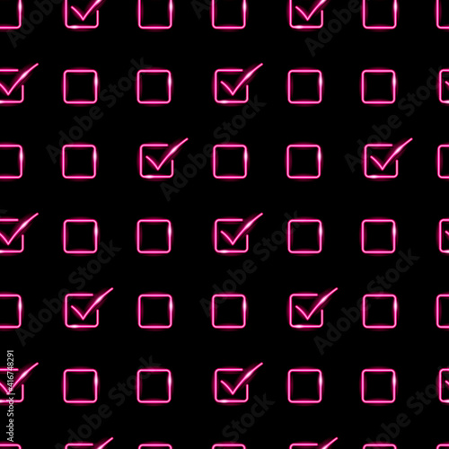 Neon checkmark in the box seamless pattern with pink icons on black background. Vote, choice, tick or test concept. Vector 10 EPS illustration.
