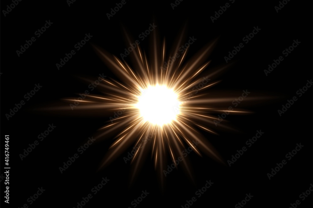 Gold light glow on black horizontal background. Golden bright spark shining vector illustration. Flash of light with ray beams in space. Sunshine sparkles and lines effects Gold light glow on black horizontal background. Golden bright spark shining vector illustration. Flash of light with ray beams in space. Sunshine sparkles and lines effects