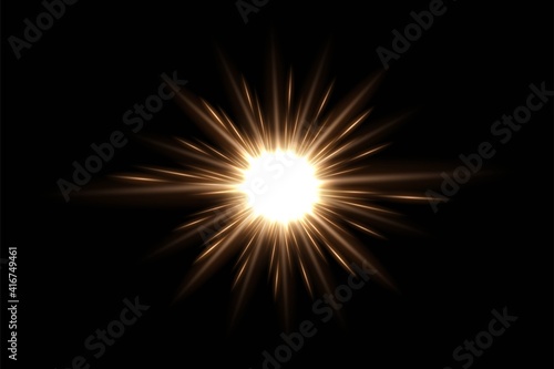 Gold light glow on black horizontal background. Golden bright spark shining vector illustration. Flash of light with ray beams in space. Sunshine sparkles and lines effects