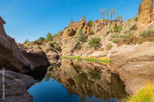 Lake Bear Gulch and rock formations in Pinnacles National Park in California, the ruined remains of an extinct volcano on the San Andreas Fault. Beautiful landscapes