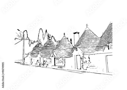 Building view with landmark of Alberobello is a town in Italy. Hand drawn sketch illustration in vector.
