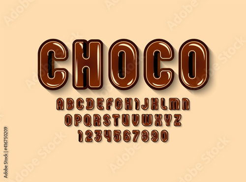 Chocolate glossy font, brown alphabet in the cartoon style, rounded letters from A to Z and numbers from 0 to 9 for you designs: logo, t shirt, card, poster, vector illustration 10EPS