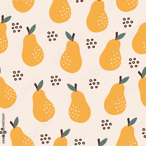 Modern seamless pattern with pears and doodle objects on pastel background. Creative vector texture for fabric, wrapping, textile, wallpaper, apparel