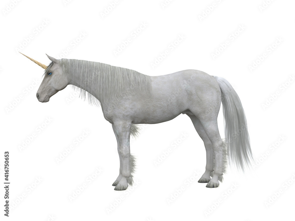 White unicorn standing side view. Fairytale creature 3d illustration isolated on white background. White unicorn standing side view. Fairytale creature 3d illustration isolated on white background.
