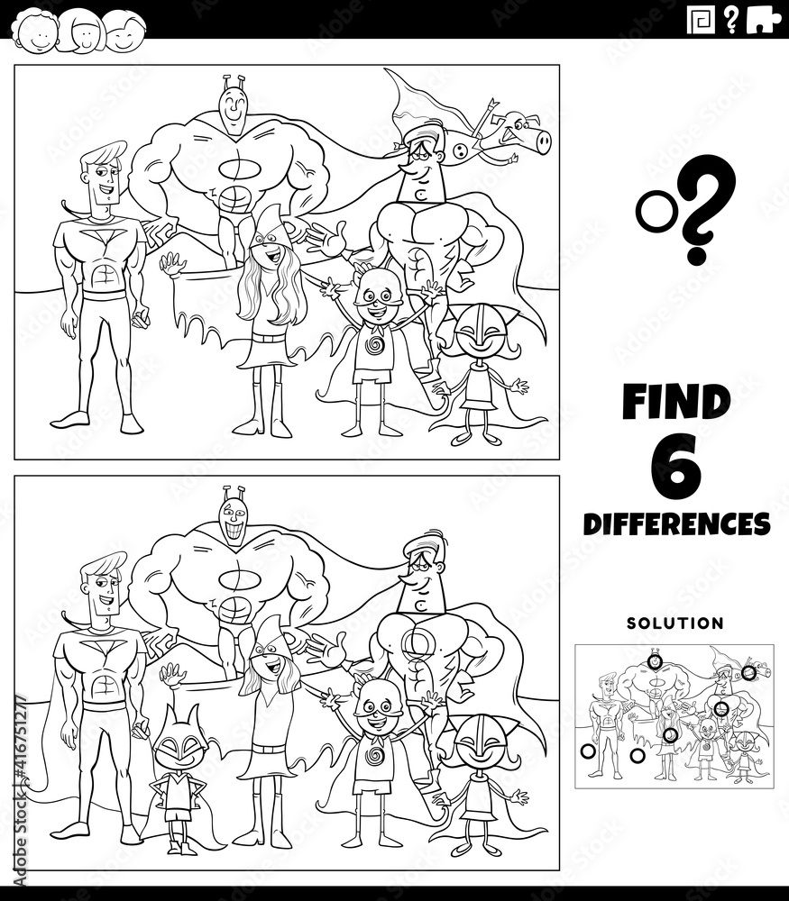 differences educational game with super heroes color book page differences educational game with super heroes color book page