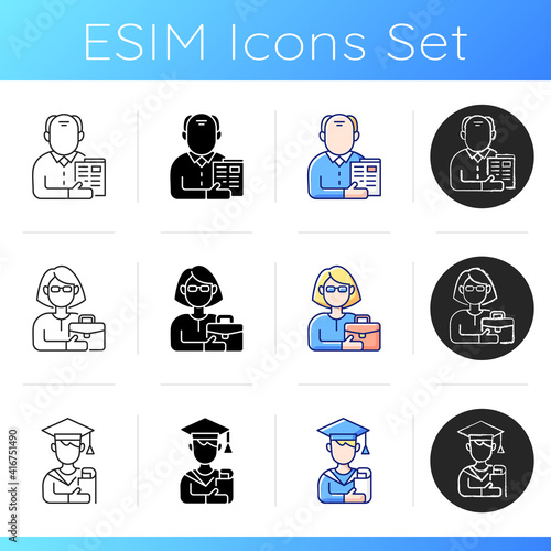 Age and gender differences icons set. Senior citizen. Female adult. Student. Old male pensioner. Early adulthood. Middle-aged woman. Linear, black and RGB color styles. Isolated vector illustrations