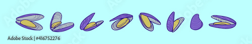 set of mussel cartoon icon design template with various models. vector illustration isolated on blue background