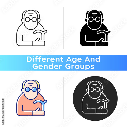 Male pensioner icon. Senile man. Retirement from workforce. Aging process. Senior with limited mobility. Oldest-old population. Linear black and RGB color styles. Isolated vector illustrations