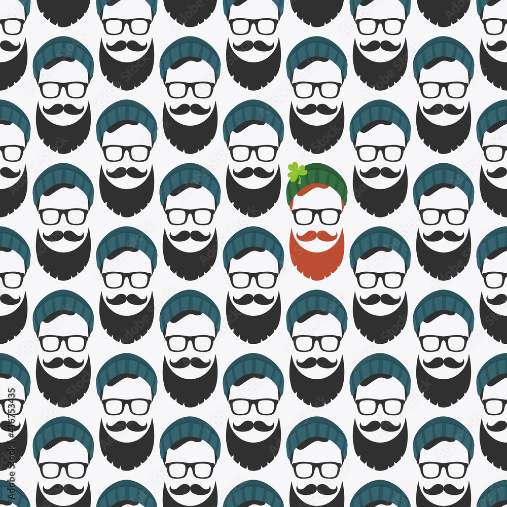 Seamless vector pattern with faces in hats. St. Patrick's Day texture print. Seamless vector pattern with faces in hats. St. Patrick's Day texture print.