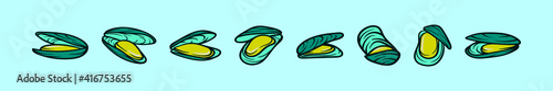 set of mussel cartoon icon design template with various models. vector illustration isolated on blue background