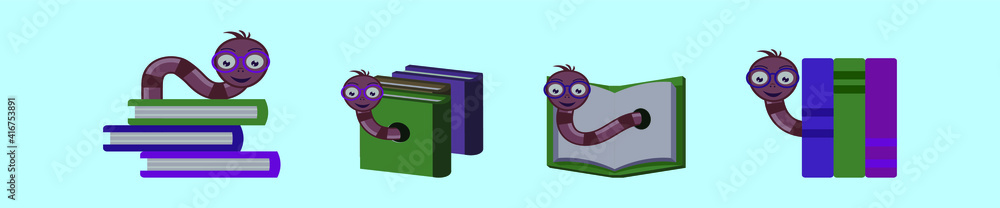 set of bookworm cartoon icon design template with various models. vector illustration isolated on blue background set of bookworm cartoon icon design template with various models. vector illustration isolated on blue background