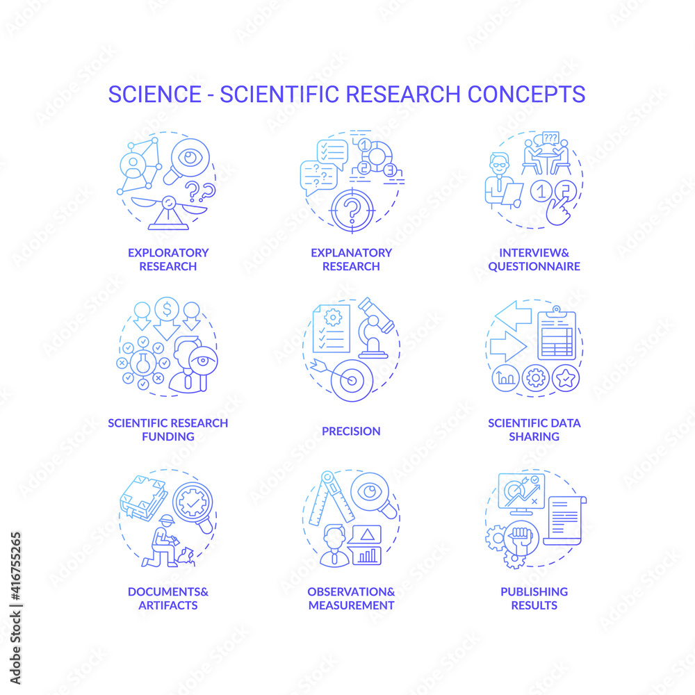 Fototapeta premium Science and scientific researching dark gradient concept icons set. Scientific research funding idea thin line RGB color illustrations. Scientific theory. Vector isolated outline drawings