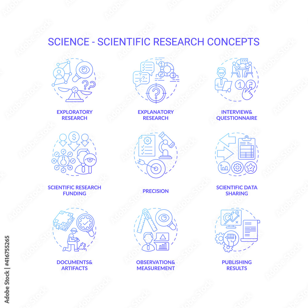 Science and scientific researching dark gradient concept icons set. Scientific research funding idea thin line RGB color illustrations. Scientific theory. Vector isolated outline drawings