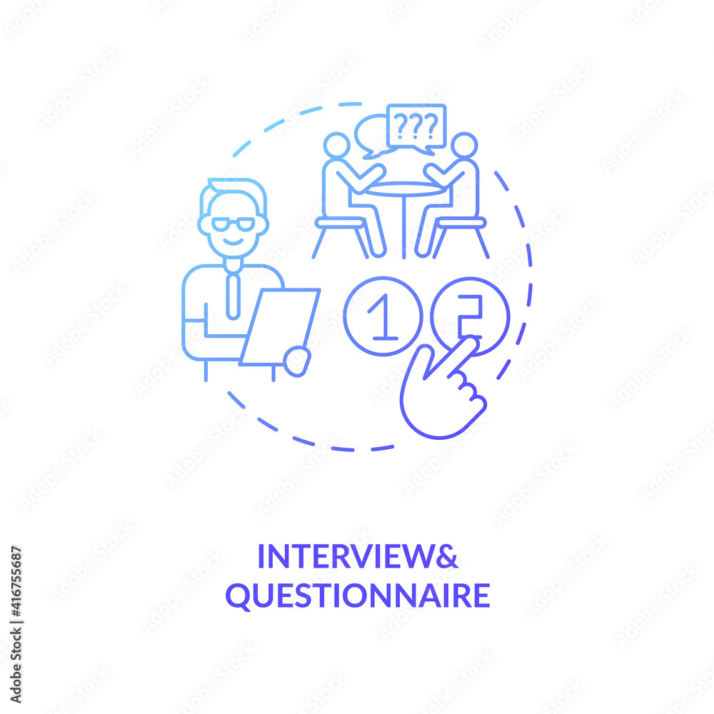 Interview and questonnaire concept icon. Ananlysis of information from customers idea thin line illustration. Qualitative research method. Vector isolated outline RGB color drawing Interview and questonnaire concept icon. Ananlysis of information from customers idea thin line illustration. Qualitative research method. Vector isolated outline RGB color drawing