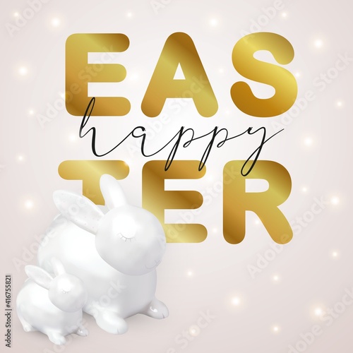 Happy Easter card. Porcelain rabbit or bunny on bright backgrond. Vector illustration with 3d decorative object. Greeting card.