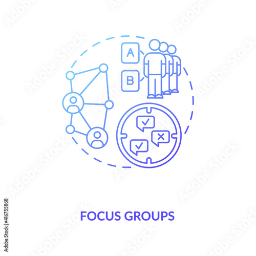 Gathering group to discuss task concept icon. Focus group idea thin line illustration. Studying market research. Representative of population. Vector isolated outline RGB color drawing