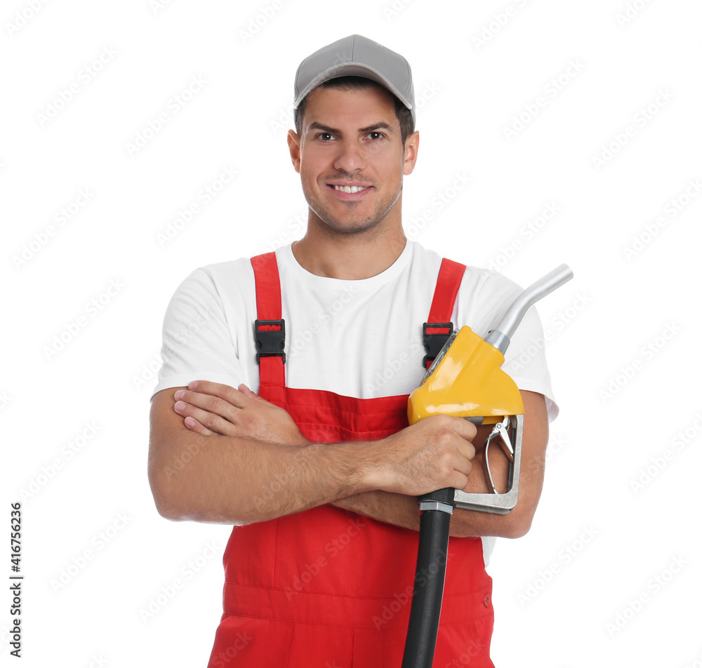 Gas station worker with fuel nozzle on white background Gas station worker with fuel nozzle on white background