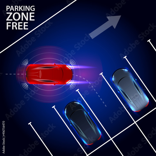 Smart car is automatically parked in the Parking lot, the view from the top. Parking Assist system security scans the road. Car Neon Logo Abstract Lines Template. Vector illustration