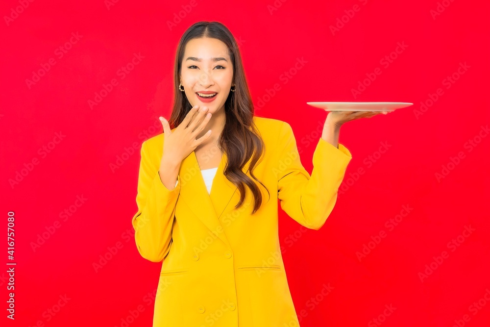 Portrait beautiful young business asian woman with empty plate Portrait beautiful young business asian woman with empty plate